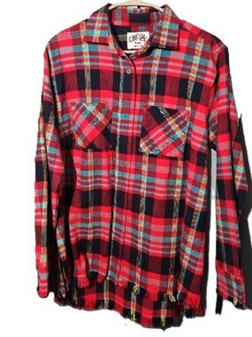 One24 Rags Women's Red Plaid Flannel Shirt with Fringe Hem - Size Medium